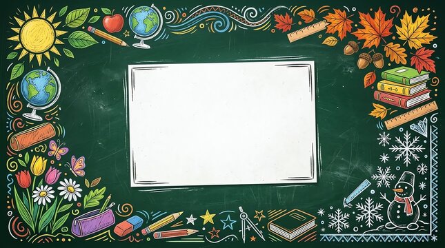 Educational chalkboard background with colorful hand drawn seasonal icons and a central white paper frame for text