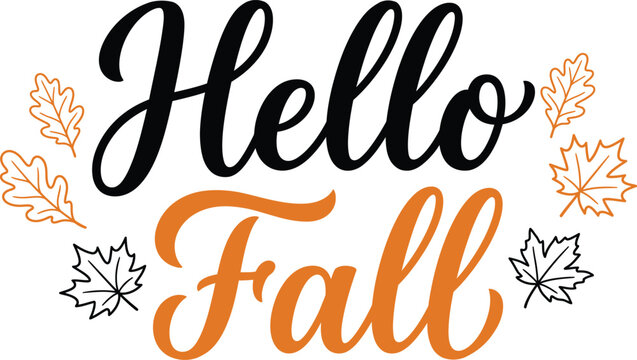 Hello Fall script typography autumn design with leaves