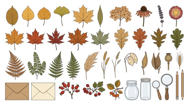 Collection of hand drawn autumn leaves ferns berries and botanical elements for seasonal fall design projects