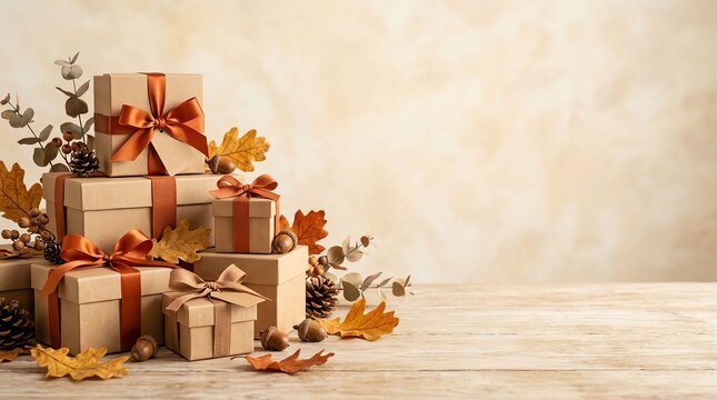 Stack of rustic gift boxes wrapped in brown paper with autumn leaves and ribbons on wooden background