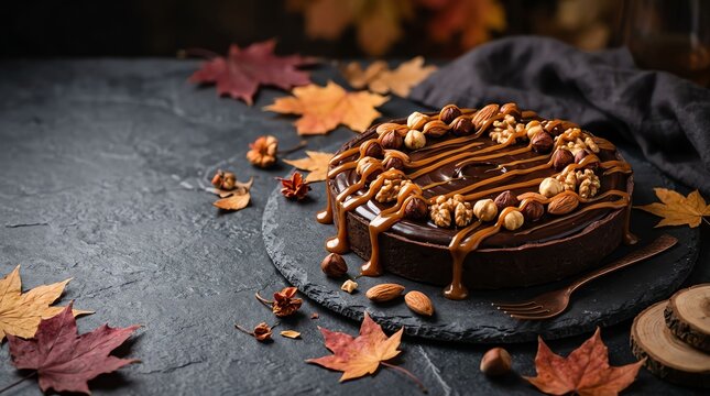 Delicious homemade chocolate cake decorated with nuts and caramel sauce on a dark table with autumn leaves