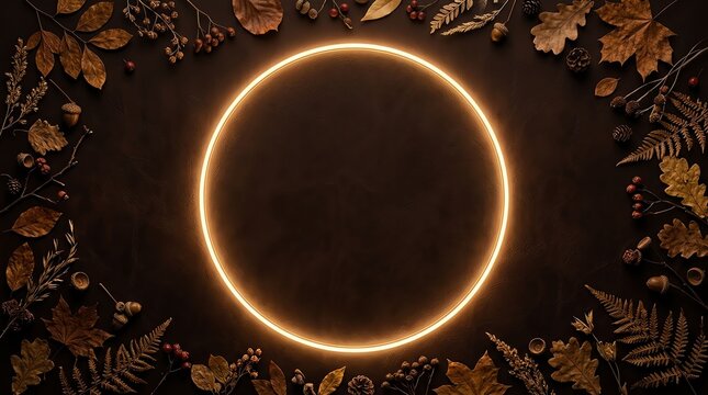 Glowing neon oval frame surrounded by autumn leaves on a dark background for seasonal holiday design