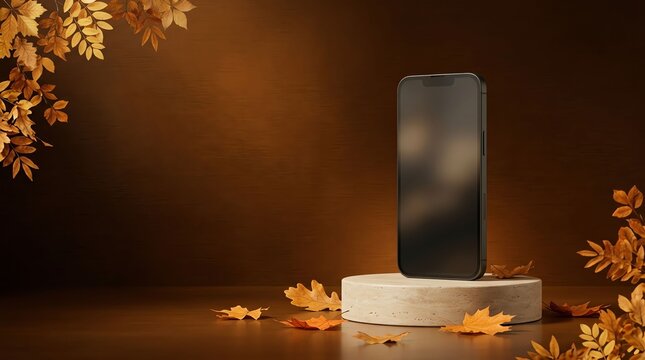 A sleek dark smartphone standing on a stone podium surrounded by autumn leaves in a warm studio setting