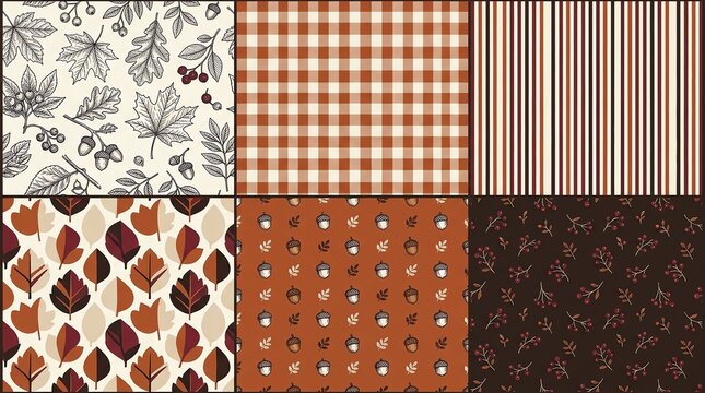 Set of six seamless autumn patterns with fall leaves plaid stripes and rustic harvest textures for seasonal designs