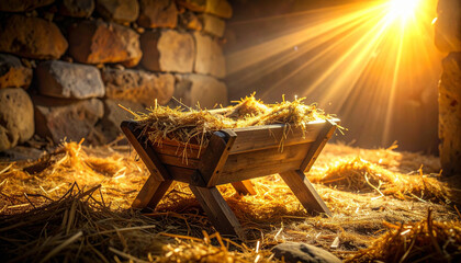 Naklejka premium This empty wooden manger with straw sits inside a rustic stone stable illuminated by divine, warm golden light rays, evoking hope and peace for Christmas. There are no people.
