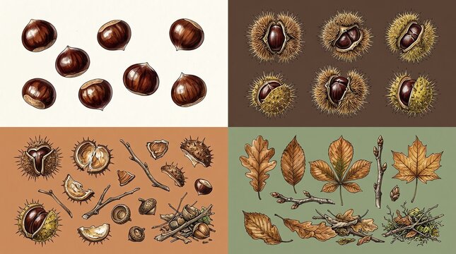 Set of hand drawn illustrations featuring horse chestnuts in shells and various colorful autumn fall leaves