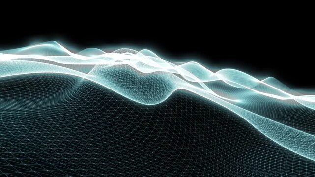 Abstract white wireframe landscape with flowing luminous waves on a dark background, creating a futuristic digital terrain with depth, motion, and technology-inspired design.