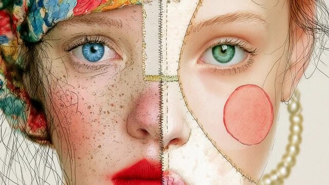 The Face That Splits In Dual Identity As Real Texture Meets Painted Style In One Surreal Portrait, ai generated.	
