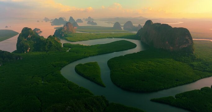 Ao Phang Nga National Park Tropical Islands and Limestone Cliffs Under a Golden Sky | Aerial View Thailand
