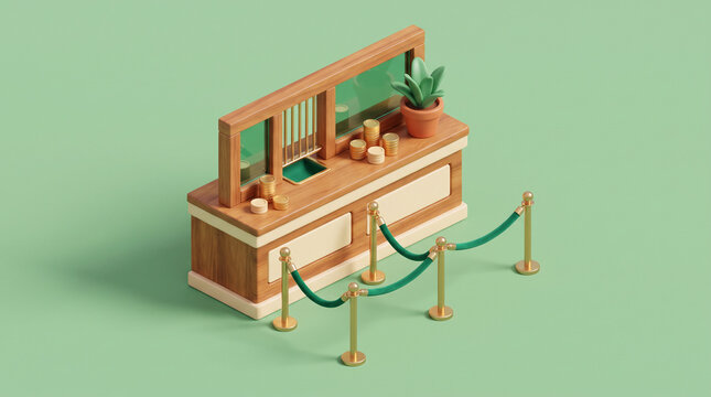 Isometric 3D bank teller counter with gold coins and velvet rope barrier