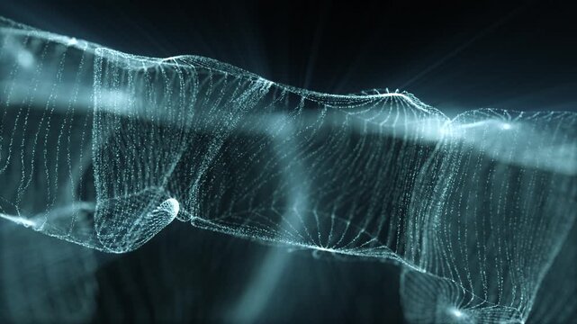 Abstract translucent particle mesh waves flowing through a dark space, creating a futuristic digital landscape with luminous motion, depth, and elegant technology visualization.