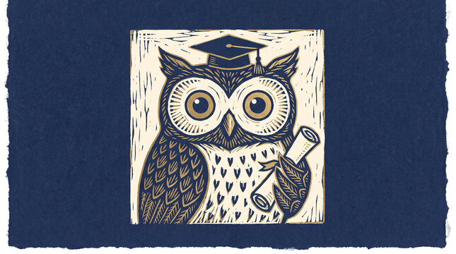 Linocut style illustration of a wise owl graduate with diploma