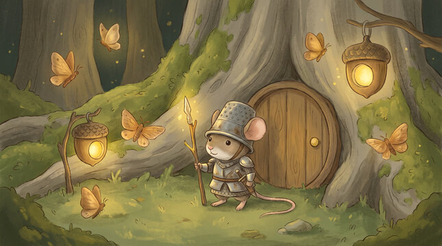 Little mouse knight standing guard at a magical tree hollow home