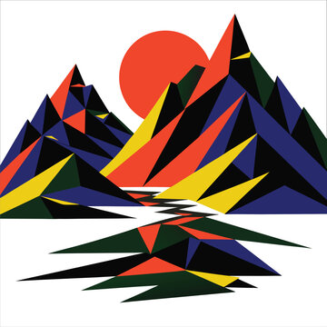 Low Poly Sunset Mountain Landscape Polygon Art Vector