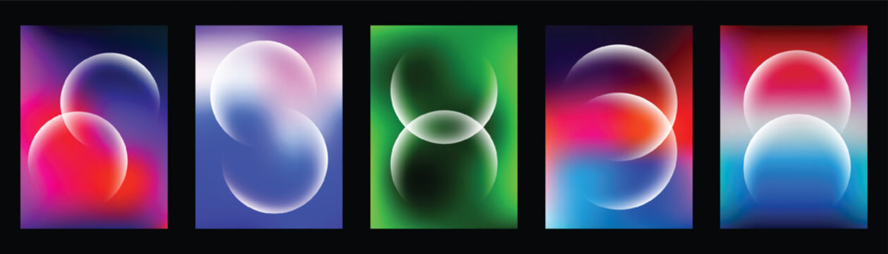 Vibrant Blur Gradient Background Set with Translucent Glass Spheres, Modern Abstract Aura Poster Template Collection, Glowing Holographic Circular Waves Cover Design Vector
