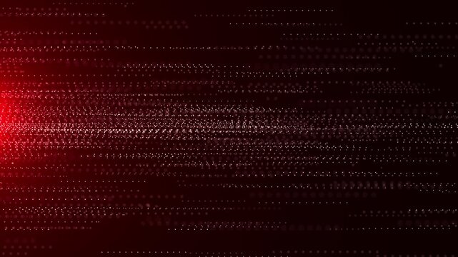 Abstract red digital particle lines and data streams moving across a dark background, creating a futuristic technology visualization with motion, connectivity, and energy.