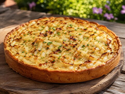 Traditioneller deutscher Zwiebelkuchen mit goldbraun gebackenen Zwiebeln und knusprigem Rand auf rustikalem Holztisch im sonnigen Garten, herzhaft und appetitlich serviert.