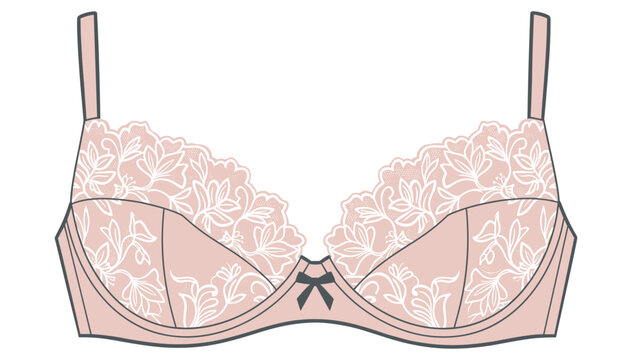 Elegant female lingerie item featuring a dusty pink bra decorated with delicate white floral lace embroidery details and a cute black bow.