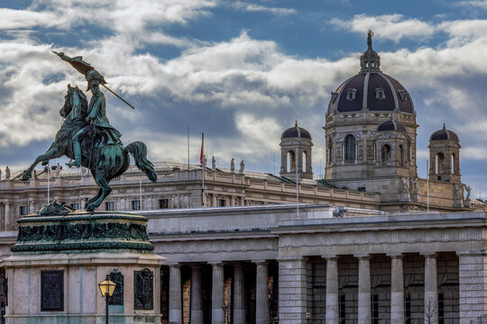 Vienna, Austria, Statue of Archduke Charles on Heldenplatz square and Museum of Natural History dome