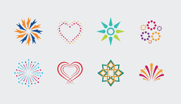Creative vector collection of colorful fireworks starbursts and dotted heart designs for holiday and wedding celebrations.