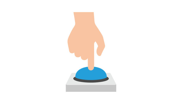 Minimal flat vector illustration of a human hand pressing a large blue buzzer button on a grey rectangular base.