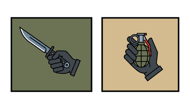 Action icons depicting a gloved military hand holding a sharp combat knife and another hand grasping a hand grenade.