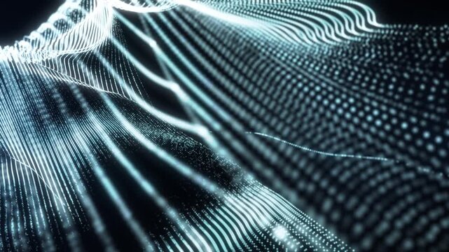Abstract white glowing particle mesh waves flowing across a dark background, creating a futuristic digital landscape with depth, motion, data visualization, and technology concepts.