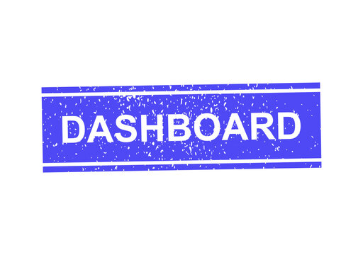 Blue rectangular rubber stamp with the word dashboard in a grunge textured style