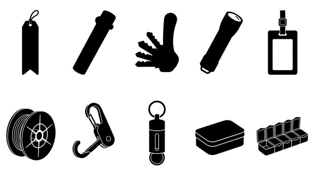 Set of everyday carry utility silhouettes vector collection, edc tools container key organizer flash light and badge holder icon set isolated on white background
