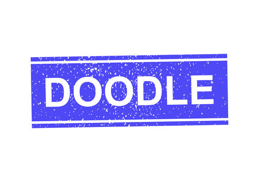 Blue rectangular rubber stamp with the word doodle in white text
