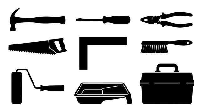 Set of household tools silhouettes vector collection, repair hardware painting equipment and toolbox icon set isolated on white background
