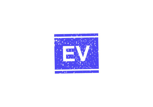 Blue grunge rubber stamp icon with ev letters