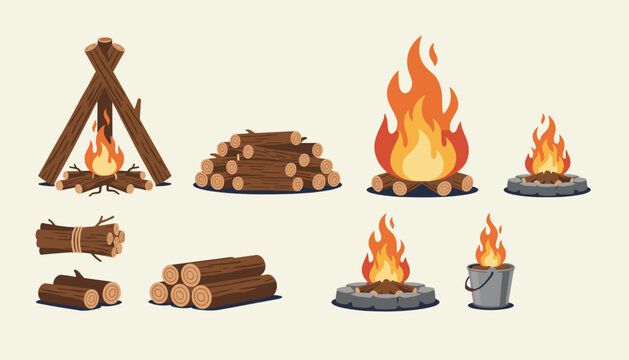 Campfire and firewood set featuring stacked logs, kindling bundles, and roaring bonfires on light background.