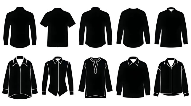 Set of shirt silhouettes vector collection, men and women button down shirts tunic blouse and tops icon set isolated on white background
