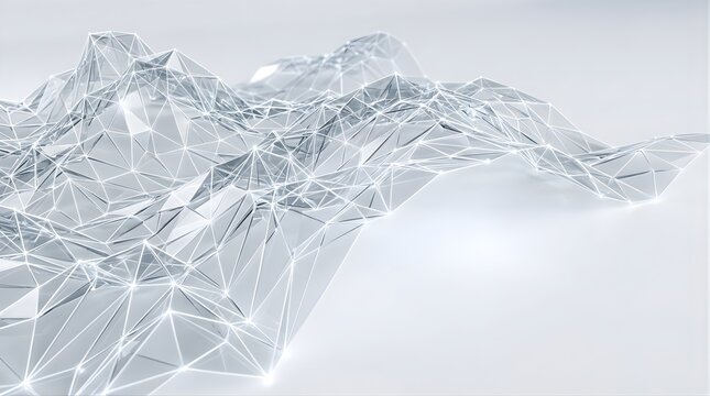 Abstract white digital landscape with glowing glass geometric mesh