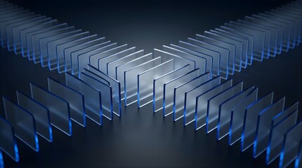 Fototapeta premium Blue translucent glass plates arranged in intersecting rows on dark floor