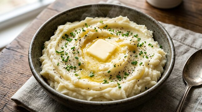 A bowl of creamy homemade mashed potatoes topped with a melting pat of butter and fresh herbs