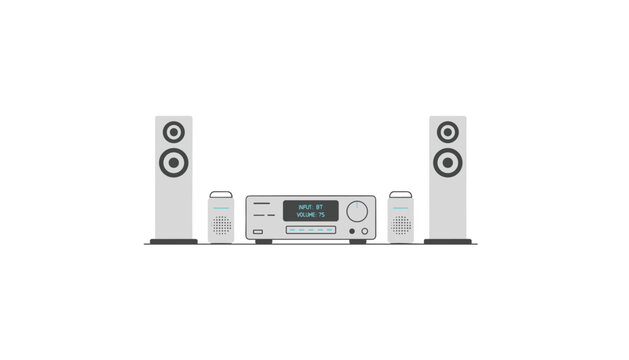 Modern home audio stereo system illustration displaying a central receiver, two tower speakers, and bookshelves on white.