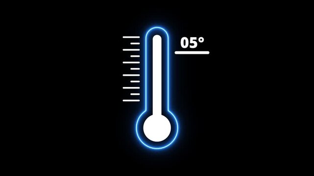 Glowing Neon thermometer icon Indicates weather temperature 5&deg;C. Thermometer equipment showing hot or cold weather. Neon blue thermometer icon with temperature.
