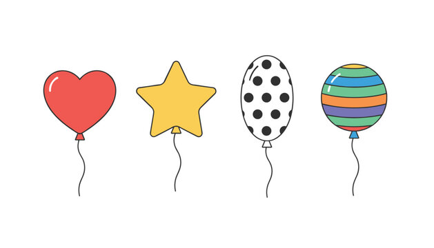 Set of four distinct festive balloons including a red heart, yellow star, polka dot oval, and colorful rainbow stripes.