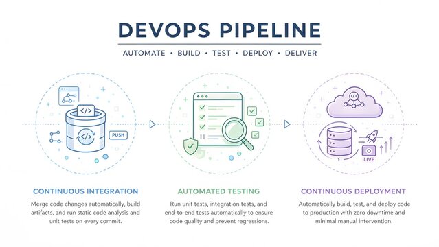 Business Infographic Template about DevOps Pipeline, 3 Steps Flat Line Art Vector Illustration