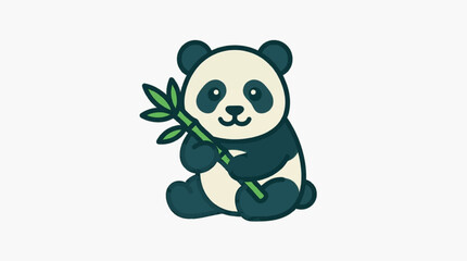 Naklejka premium Cute giant panda vector illustration sitting and holding a green bamboo stalk, flat design cartoon character with thick outlines, isolated on white background for graphic use.
