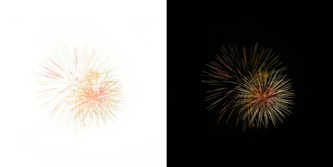 Fototapeta premium Golden Double Fireworks Burst Display Isolated on White and Black Background