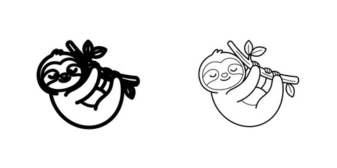 Naklejka premium Cute cartoon sloth hanging on a tree branch black and white line art illustration for coloring book
