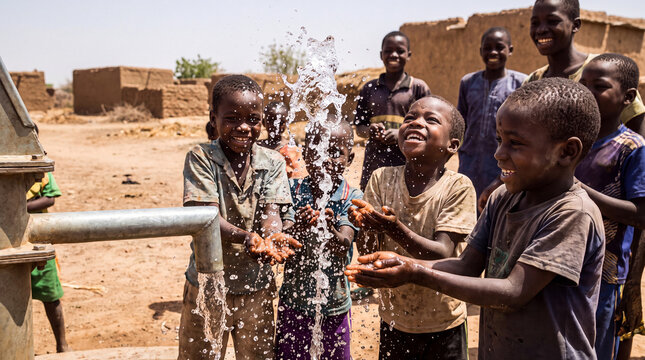 African children playing with fresh water from a village pump in a rural community