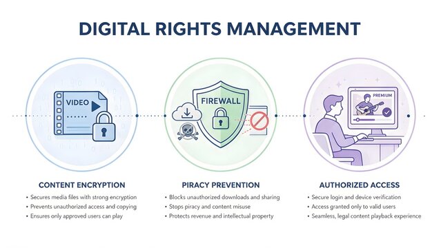 Business Infographic Template about Digital Rights Management, 3 Steps Flat Line Art Vector Illustration