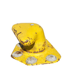 A weathered yellow bollard with rust spots and concrete anchors sits isolated © Sergio Delle Vedove
