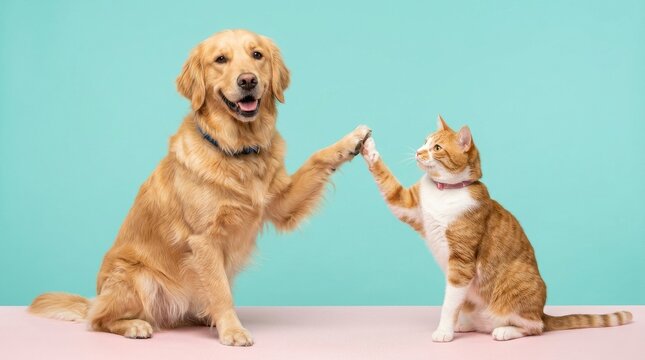 Joyful golden retriever and orange cat giving each other a high five on a vibrant blue backdrop