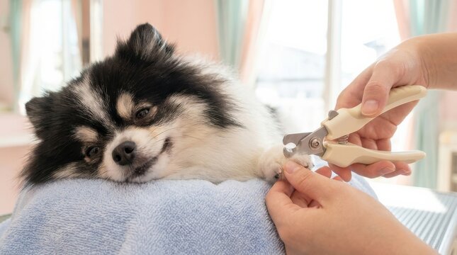 Carefully trimming the nails of a cheerful pomeranian dog in a warm and inviting grooming salon environment