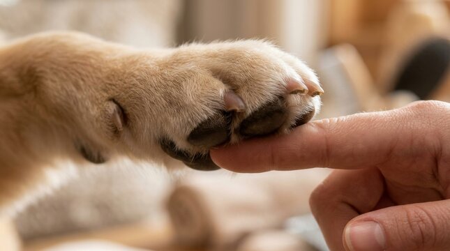Heartwarming connection between a dog and a human captured in a close up of a paw gently touching a finger
